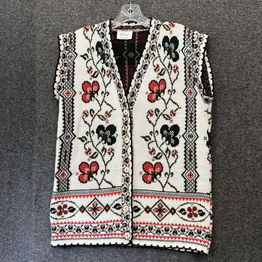 Vintage Womens Floral Knit Sweater Vest Size‎ L Cottagecore Nordic Folk Boho